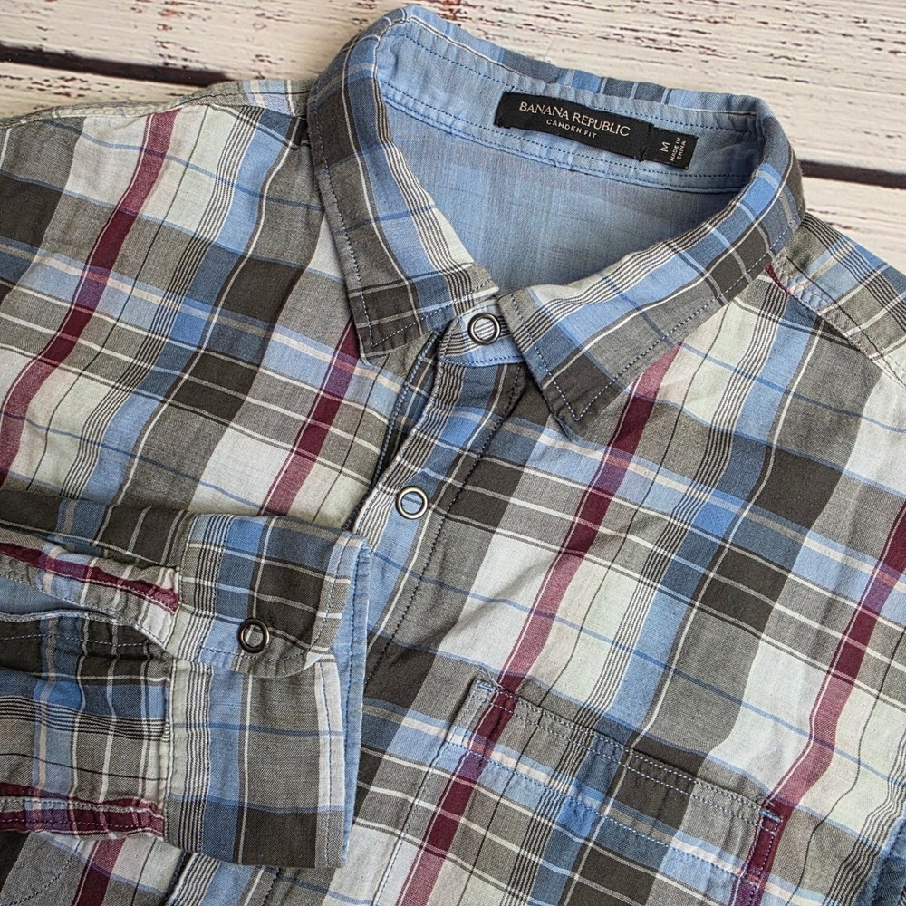 Banana‎ Republic Camden Fit Reversible Shirt Mens Medium Plaid Blue Grey Cotton